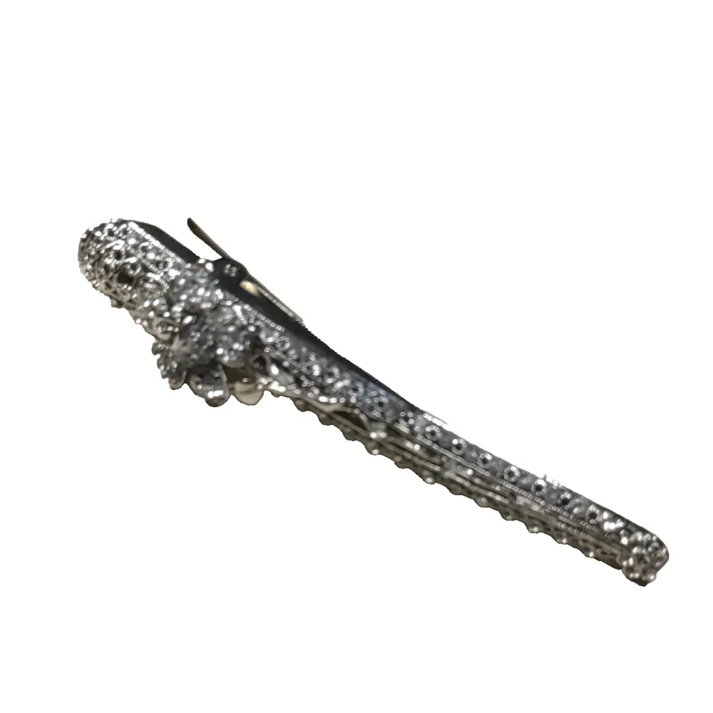 Hair Clip Barrette Silver Tone Rose Rhinestone Elegant Feminine